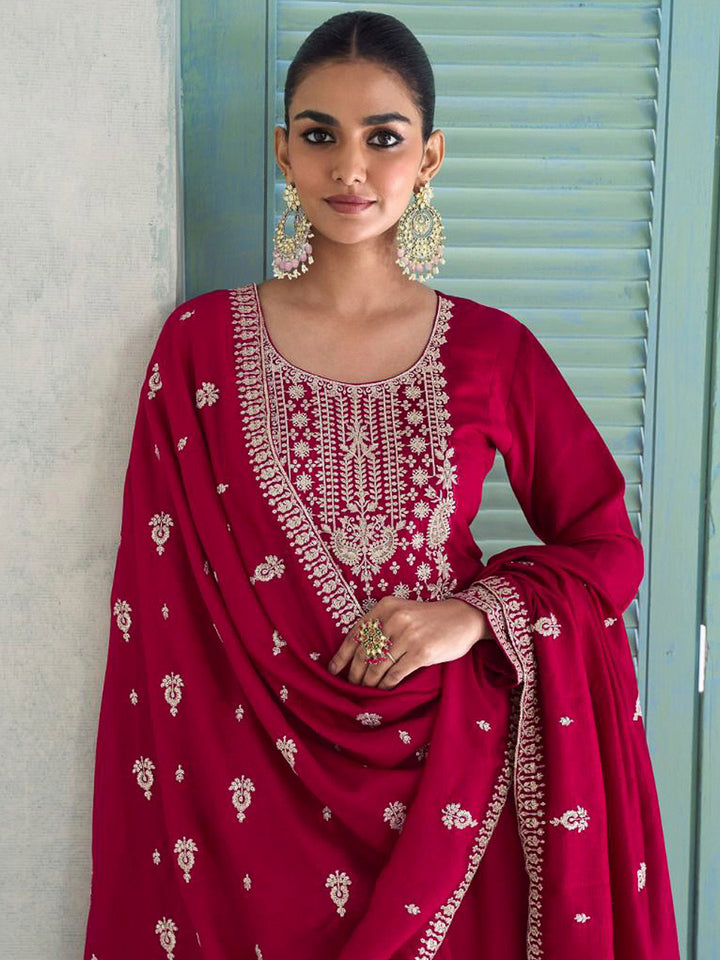 Maroon Art Silk Embroidered Anarkali Kurti &amp; Pant With Dupatta