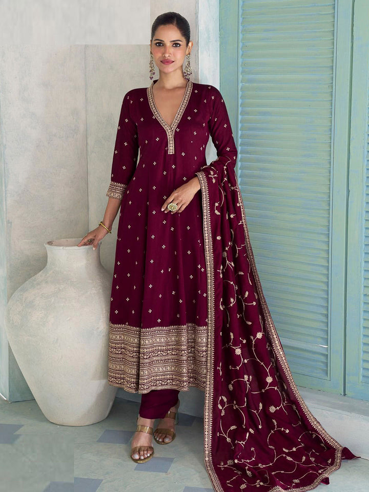 Wine Art Silk Embroidered Anarkali Kurti &amp; Pant With Dupatta