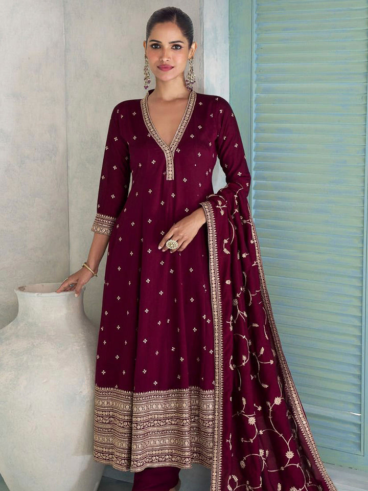 Wine Art Silk Embroidered Anarkali Kurti &amp; Pant With Dupatta