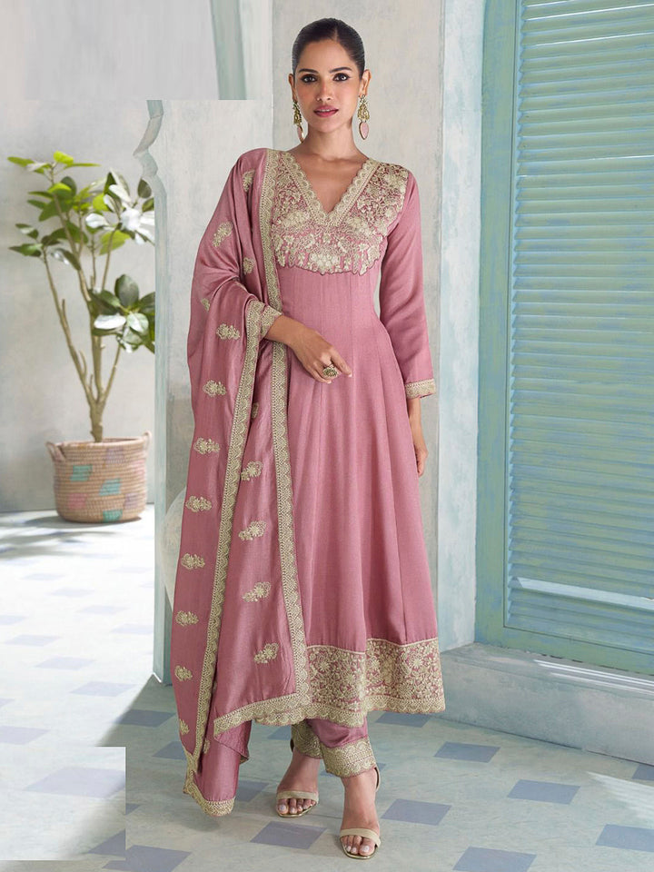 Dusty Blue Art Silk Embroidered Anarkali Kurti &amp; Pant With Dupatta