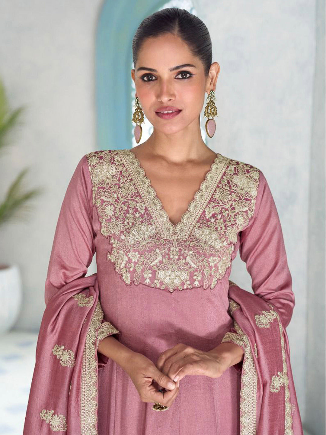 Dusty Blue Art Silk Embroidered Anarkali Kurti &amp; Pant With Dupatta