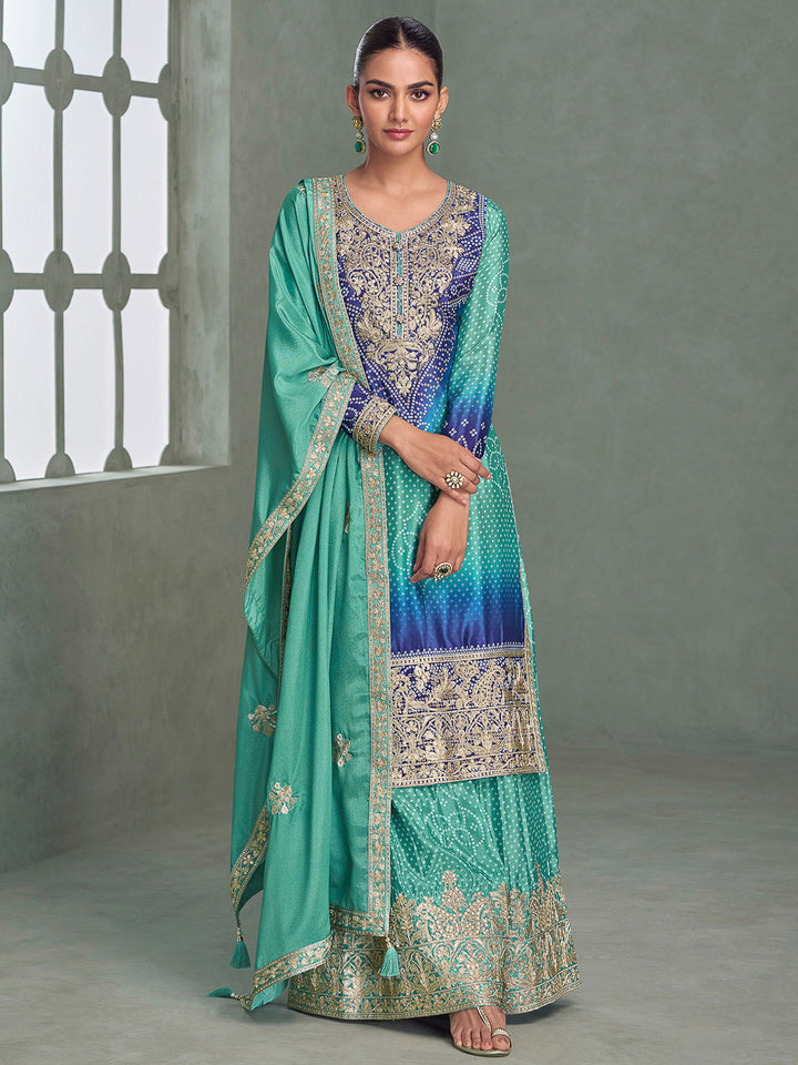 Sea Green Chinon Embroidered Kurta With Palazzo &amp; Dupatta