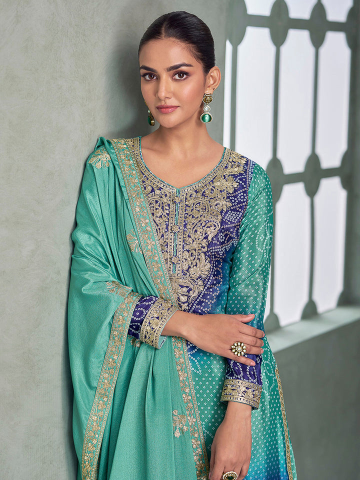 Sea Green Chinon Embroidered Kurta With Palazzo &amp; Dupatta
