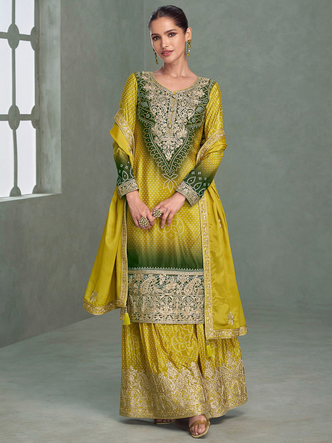 Mustard Chinon Embroidered Kurta With Palazzo &amp; Dupatta
