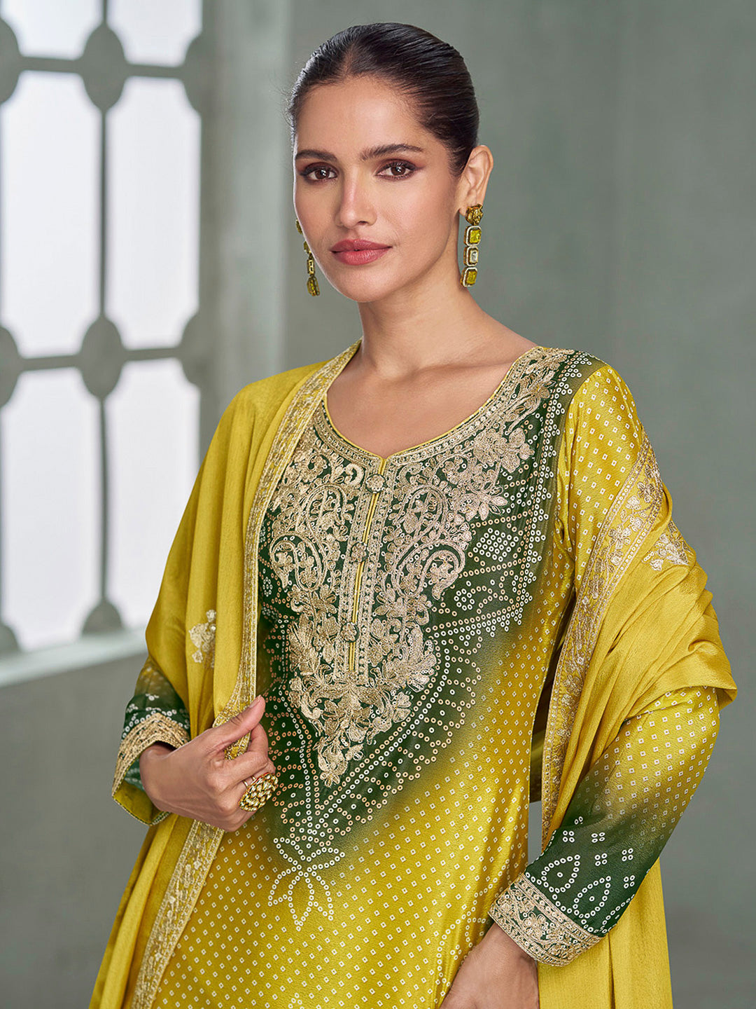 Mustard Chinon Embroidered Kurta With Palazzo &amp; Dupatta