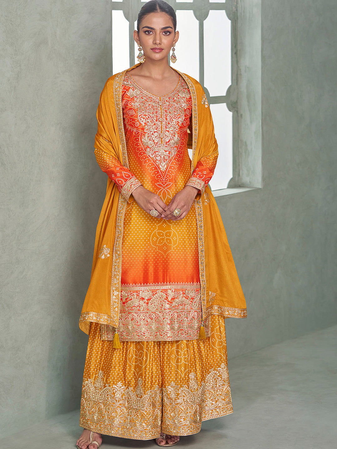 Orange Chinon Embroidered Kurta With Palazzo &amp; Dupatta