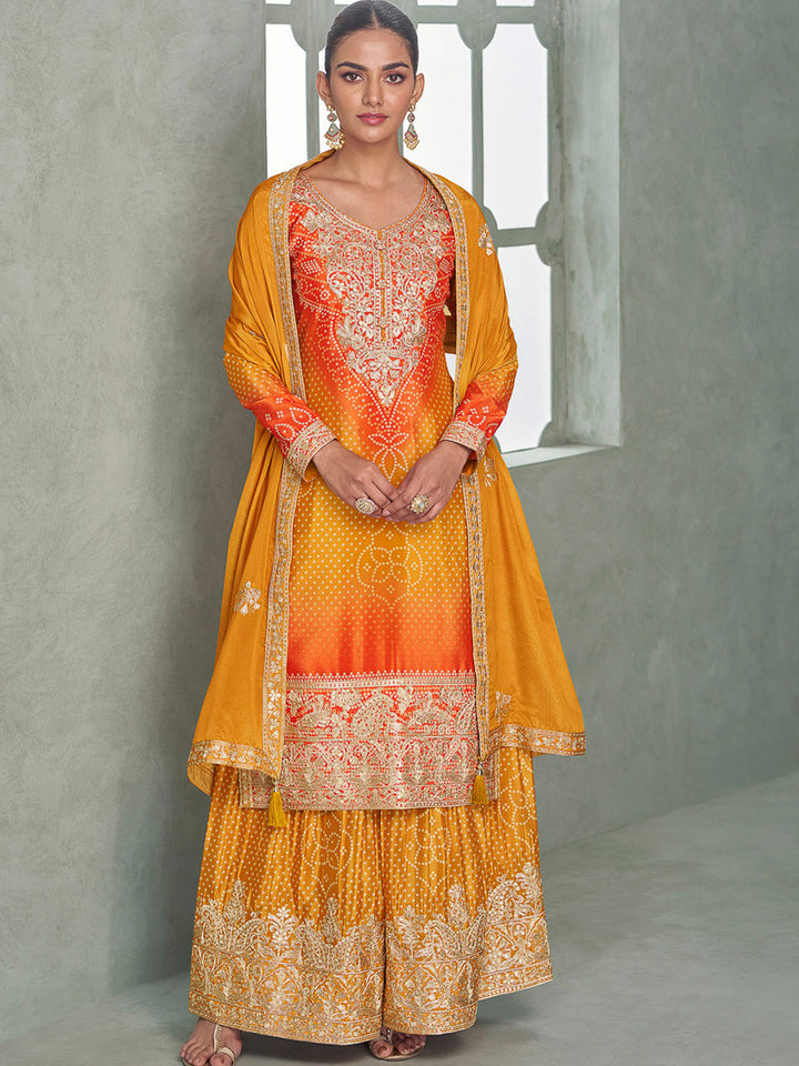 Orange Chinon Embroidered Kurta With Palazzo &amp; Dupatta