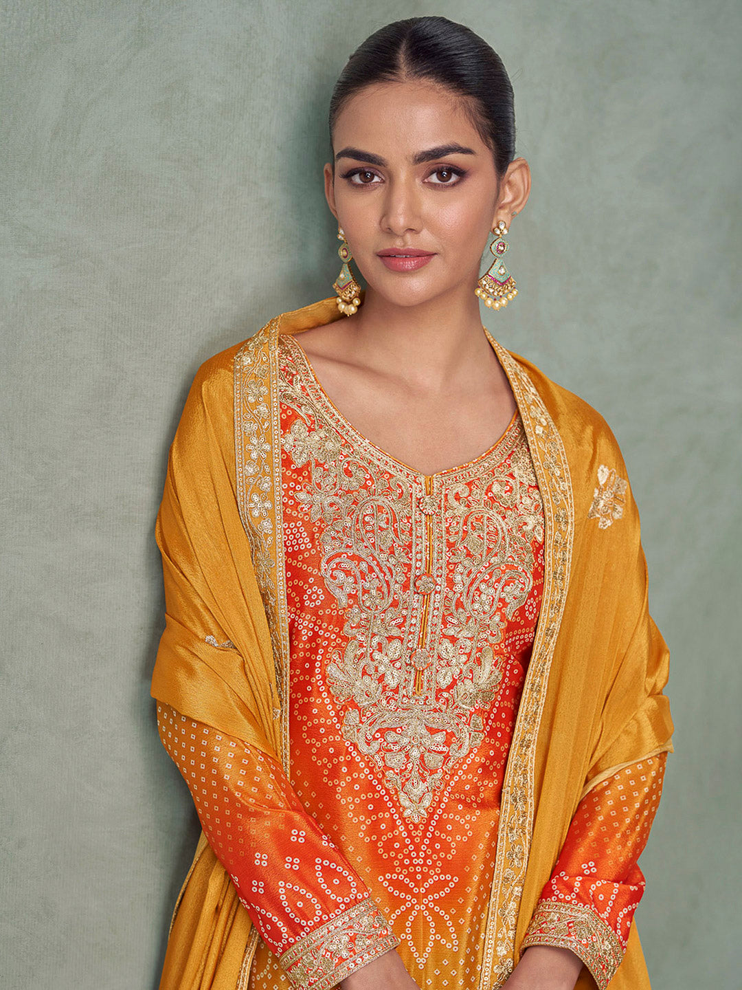 Orange Chinon Embroidered Kurta With Palazzo &amp; Dupatta