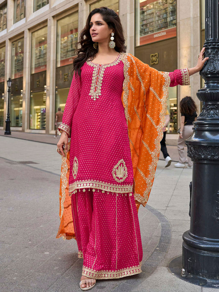Pink Art Silk Embroidered Kurta With Sharara &amp; Dupatta