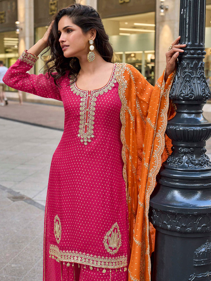 Pink Art Silk Embroidered Kurta With Sharara &amp; Dupatta
