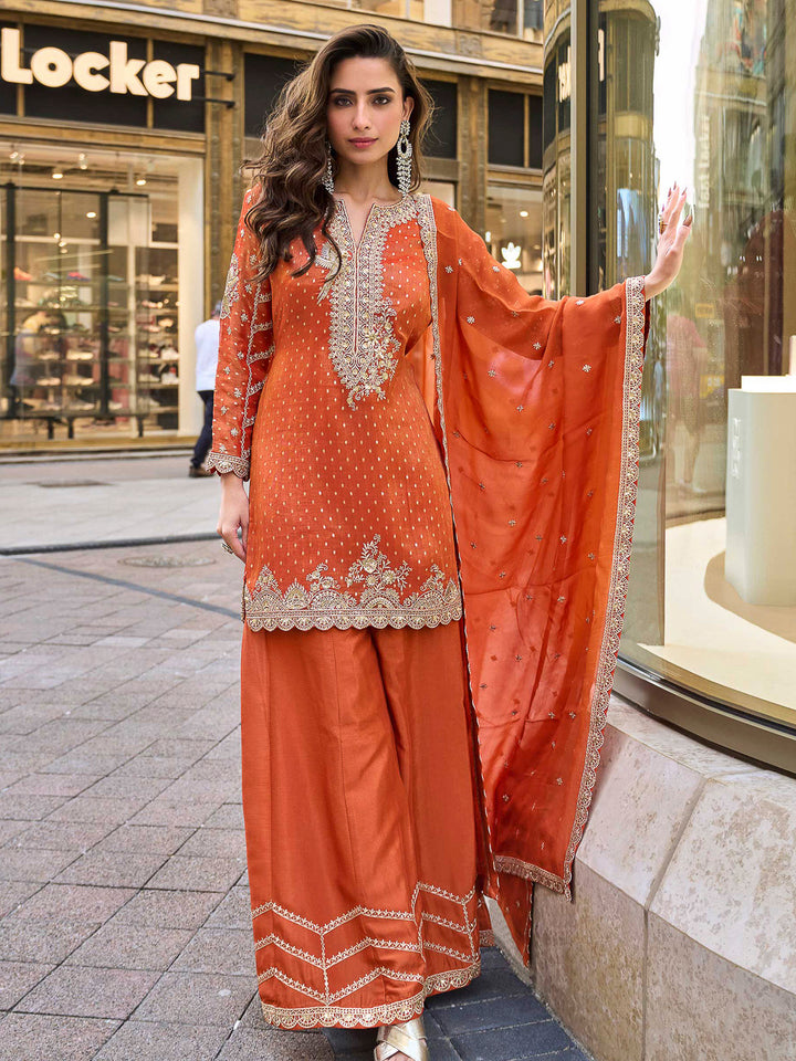 Orange Art Silk Embroidered Kurta With Sharara &amp; Dupatta