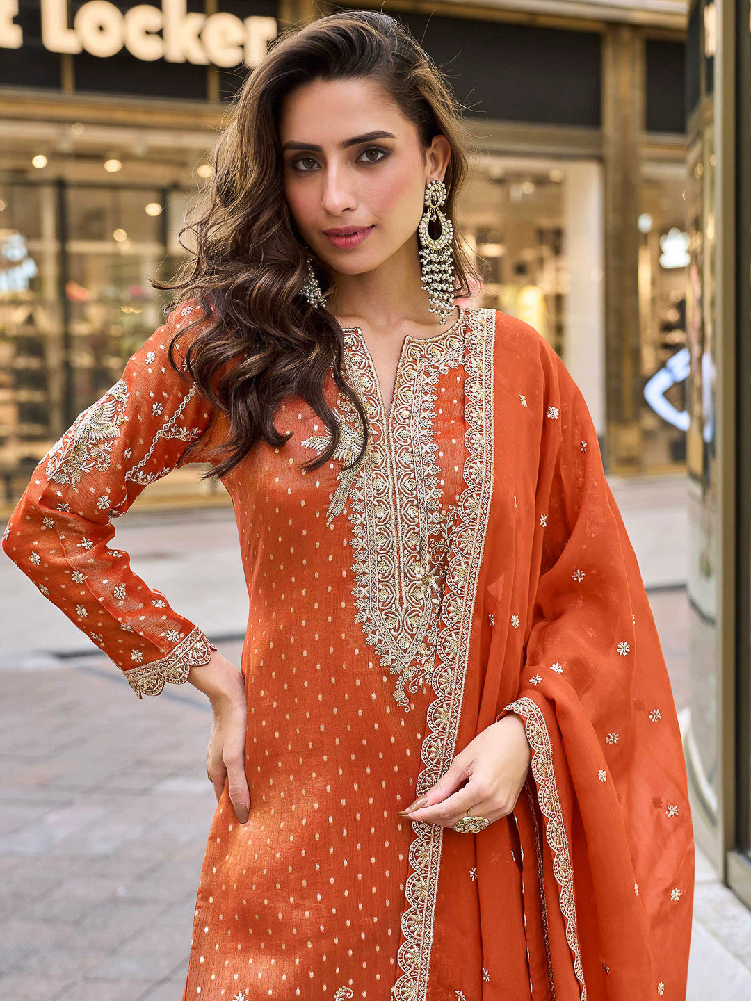 Orange Art Silk Embroidered Kurta With Sharara &amp; Dupatta