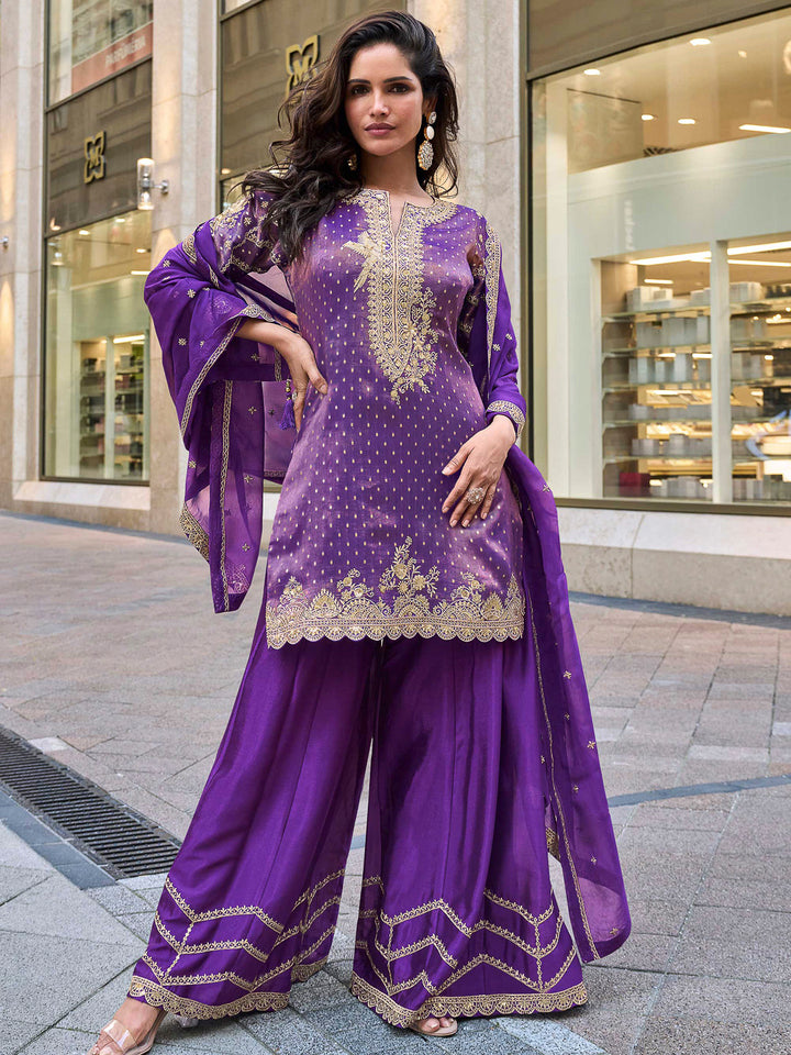 Lavender Art Silk Embroidered Kurta With Sharara &amp; Dupatta