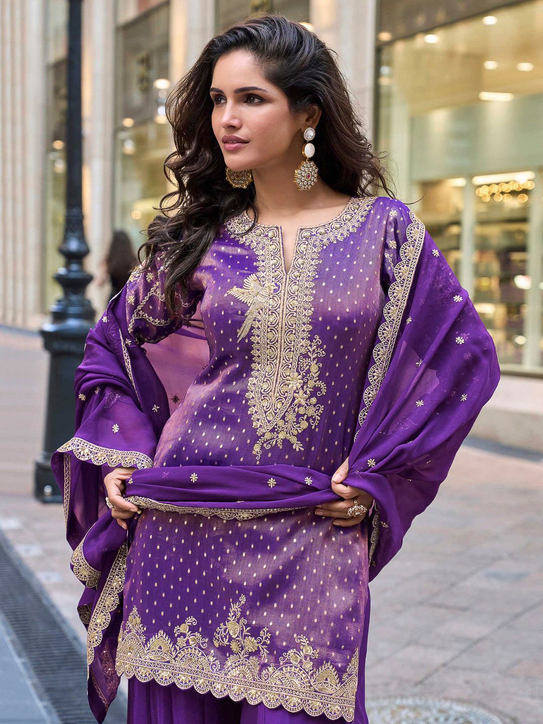 Lavender Art Silk Embroidered Kurta With Sharara &amp; Dupatta