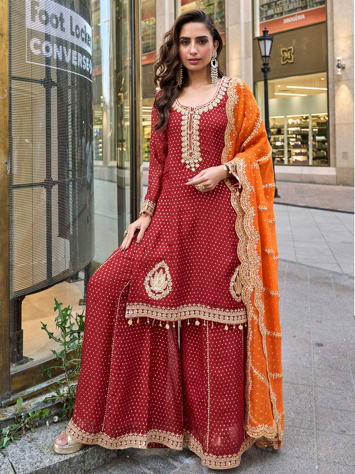 Red Art Silk Embroidered Kurta With Sharara &amp; Dupatta
