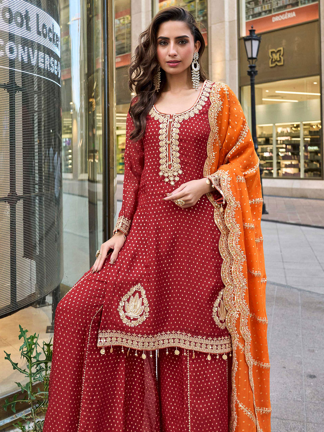 Red Art Silk Embroidered Kurta With Sharara &amp; Dupatta