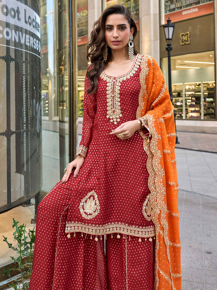 Red Art Silk Embroidered Kurta With Sharara &amp; Dupatta