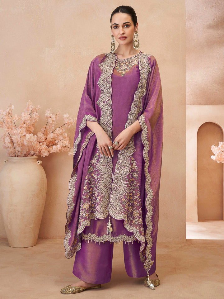 Lavender Art Silk Embroidered Kurta With Palazzo &amp; Dupatta