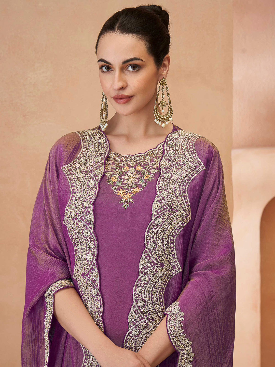 Lavender Art Silk Embroidered Kurta With Palazzo &amp; Dupatta