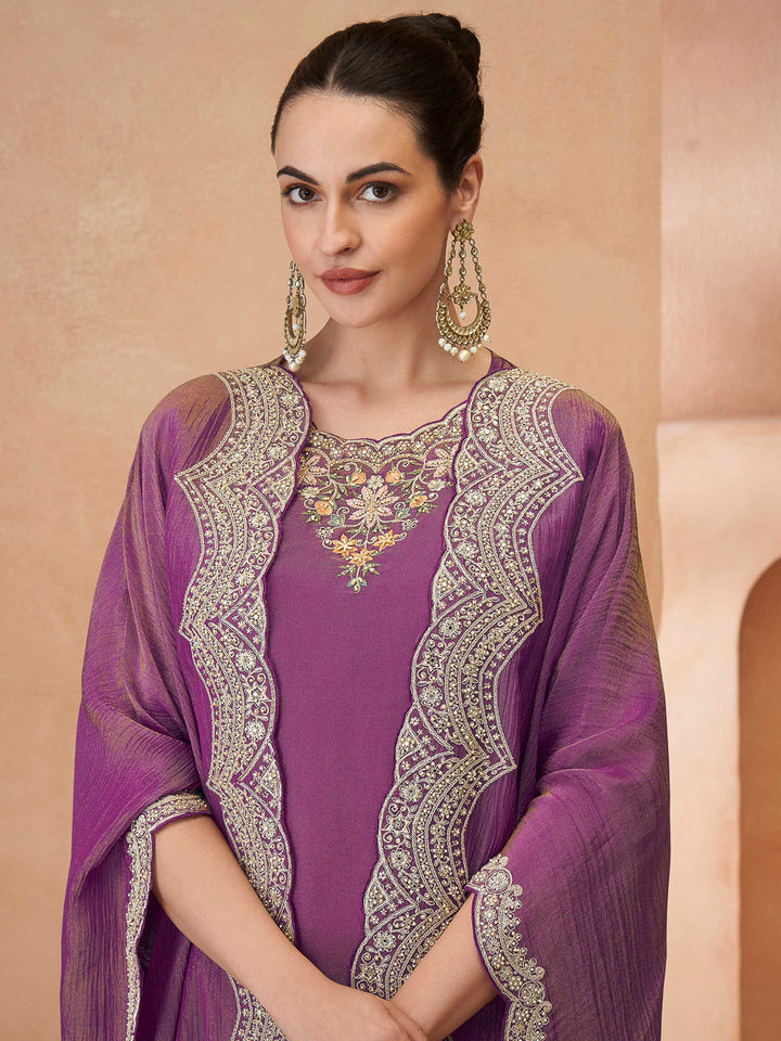 Lavender Art Silk Embroidered Kurta With Palazzo &amp; Dupatta