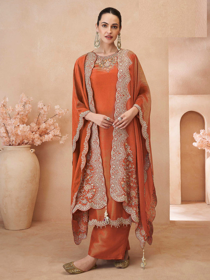 Orange Art Silk Embroidered Kurta With Palazzo &amp; Dupatta