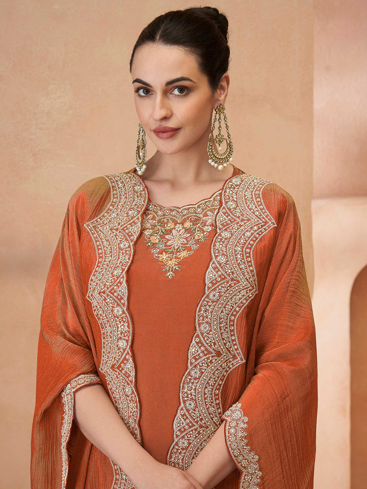 Orange Art Silk Embroidered Kurta With Palazzo &amp; Dupatta