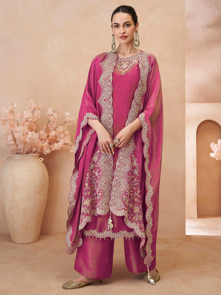 Pink Art Silk Embroidered Kurta With Palazzo &amp; Dupatta