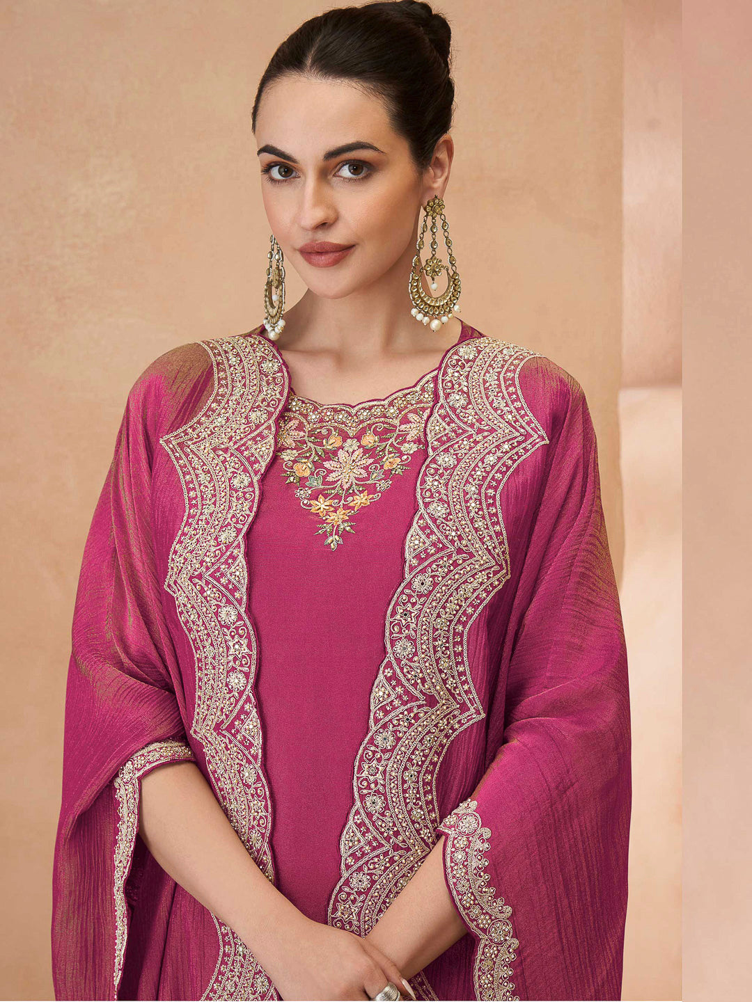 Pink Art Silk Embroidered Kurta With Palazzo &amp; Dupatta