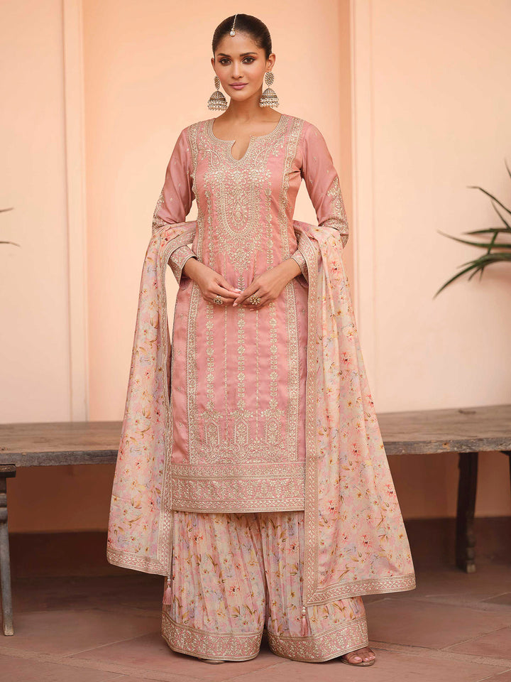Pink Art Silk Embroidered Kurta With Palazzo &amp; Dupatta