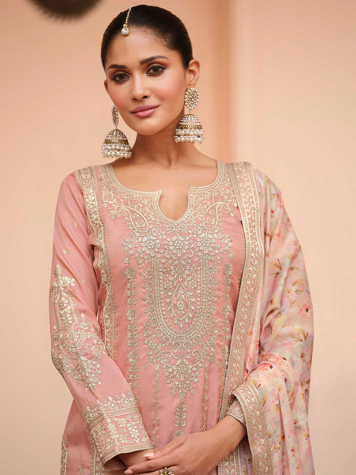 Pink Art Silk Embroidered Kurta With Palazzo &amp; Dupatta