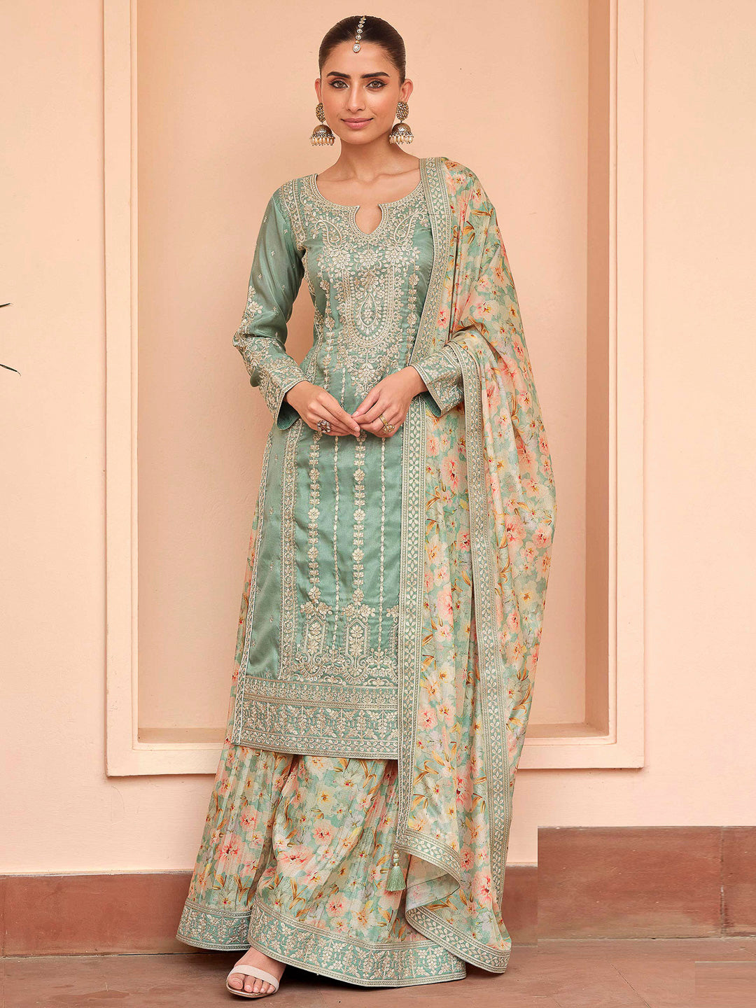 Sea Green Art Silk Embroidered Kurta With Palazzo &amp; Dupatta