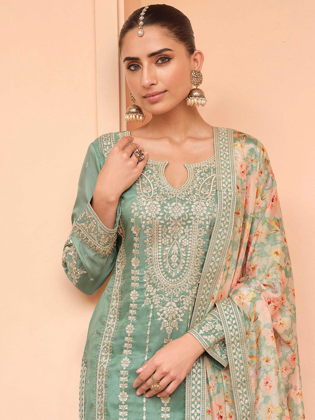Sea Green Art Silk Embroidered Kurta With Palazzo &amp; Dupatta