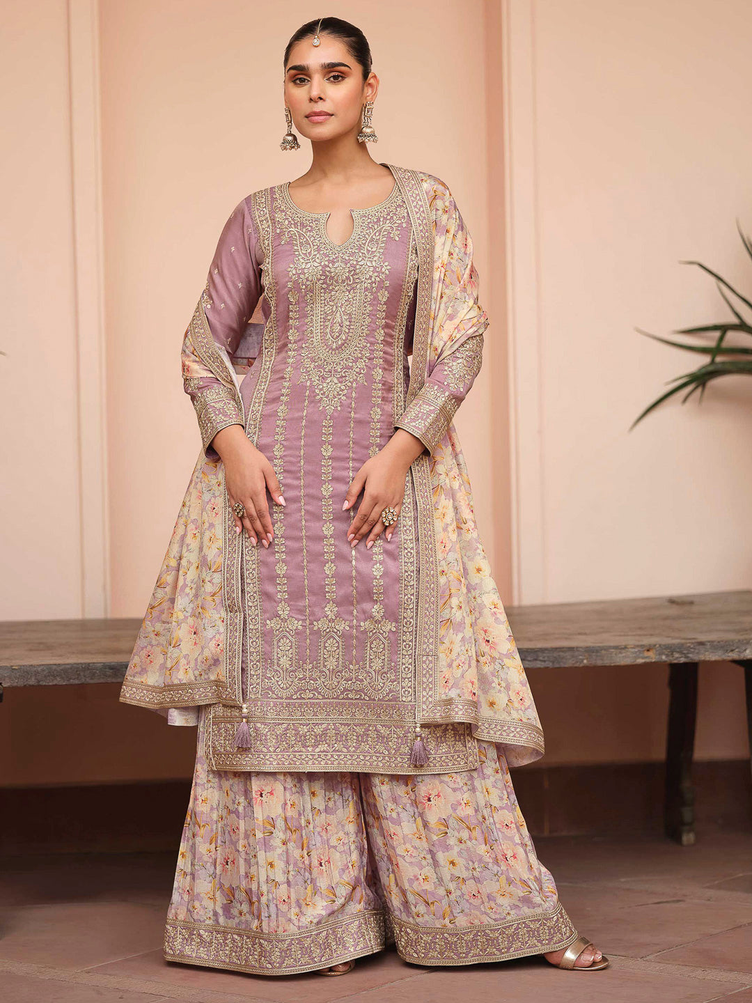Lilac Art Silk Embroidered Kurta With Palazzo &amp; Dupatta