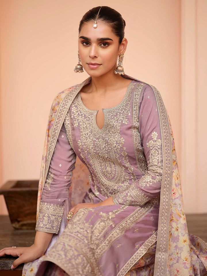 Lilac Art Silk Embroidered Kurta With Palazzo &amp; Dupatta