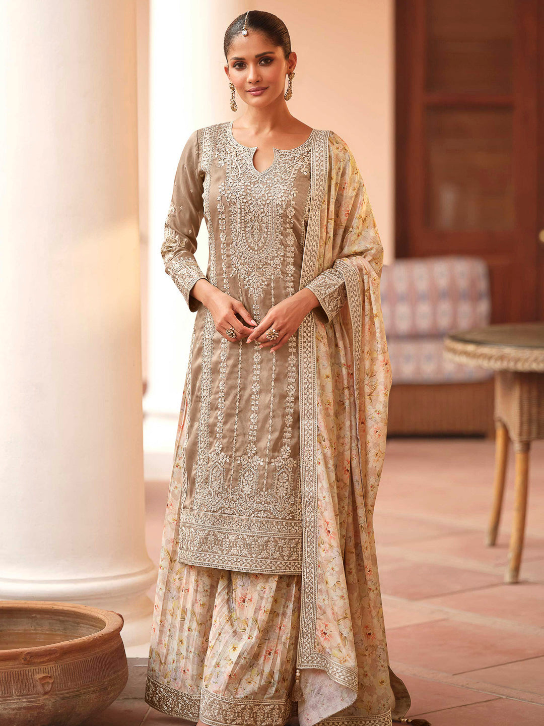 Beige Art Silk Embroidered Kurta With Palazzo &amp; Dupatta