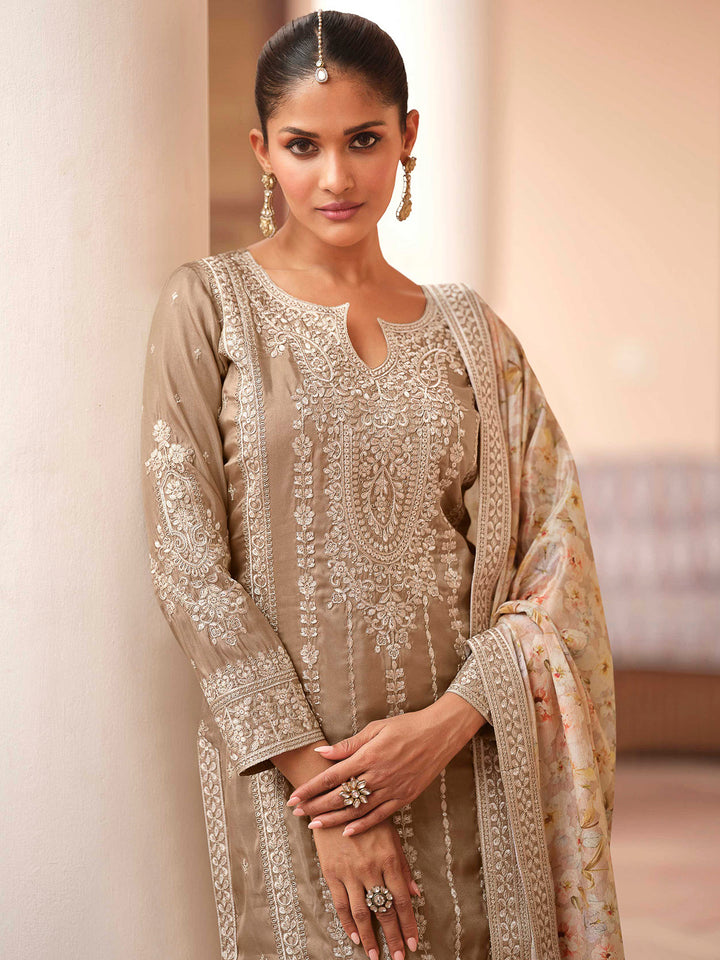 Beige Art Silk Embroidered Kurta With Palazzo &amp; Dupatta