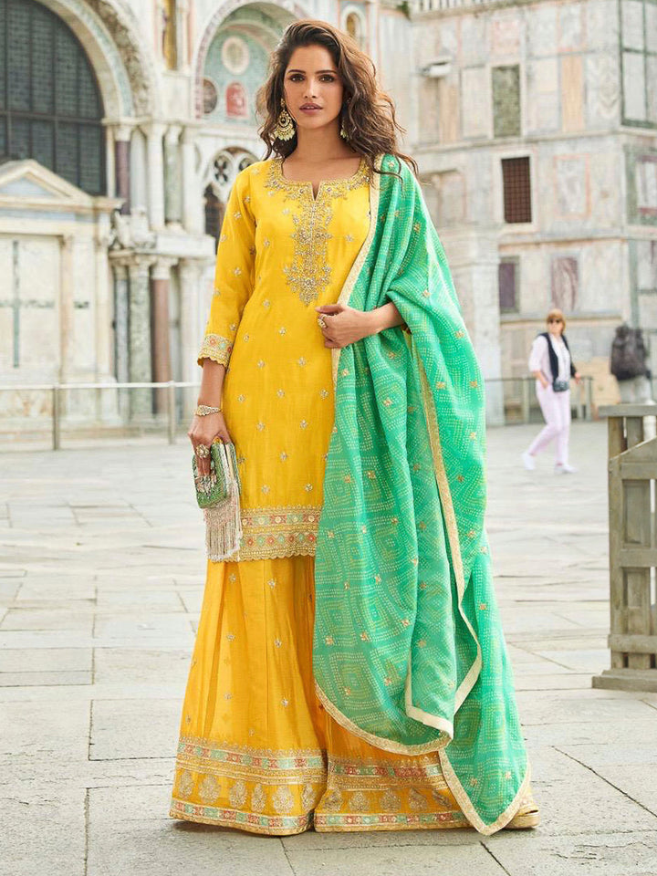 Yellow Art Silk Embroidered Kurta With Sharara &amp; Dupatta