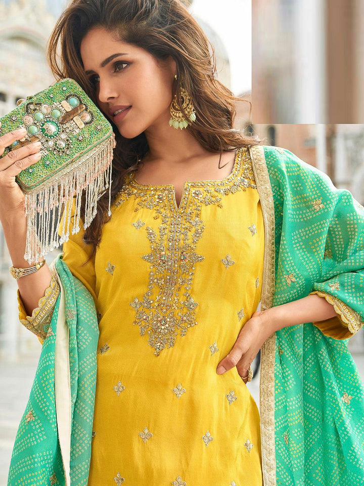 Yellow Art Silk Embroidered Kurta With Sharara &amp; Dupatta