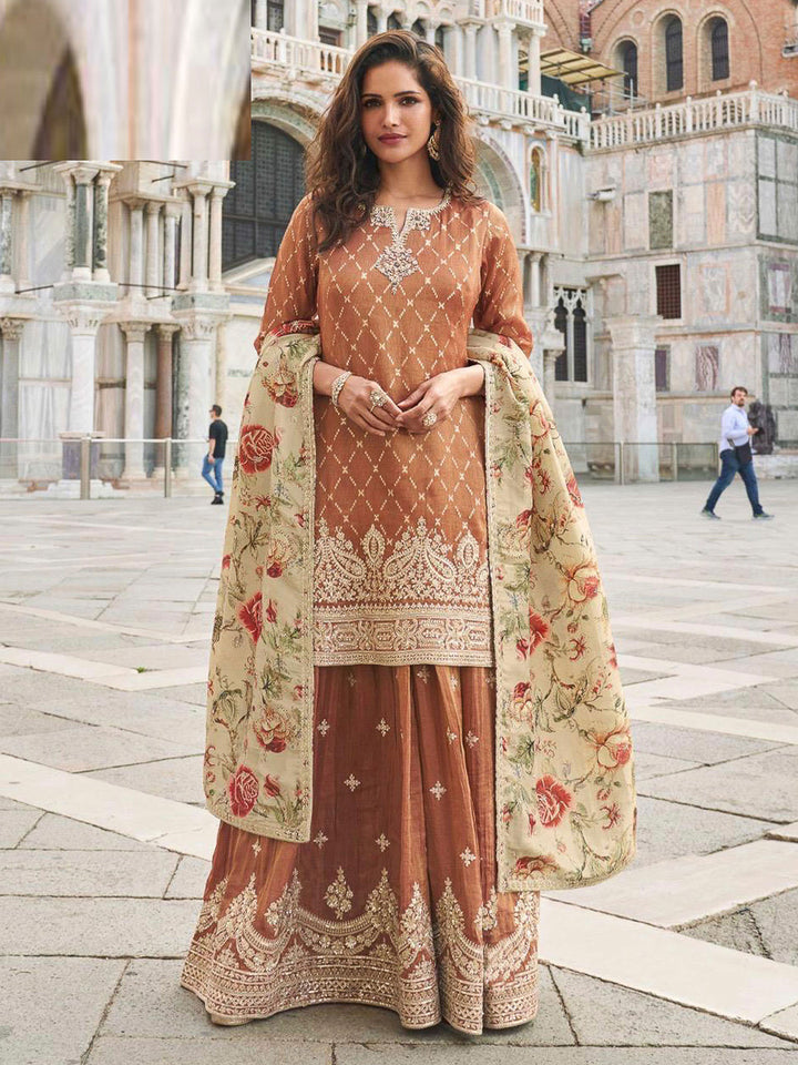 Brown Art Silk Embroidered Kurta With Sharara &amp; Dupatta