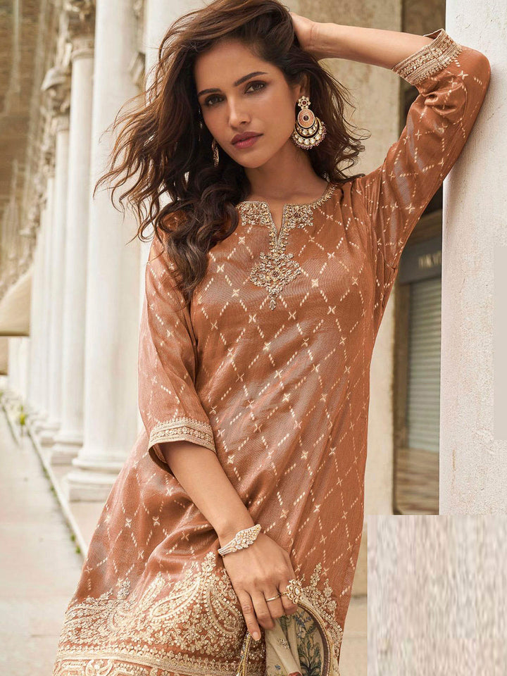 Brown Art Silk Embroidered Kurta With Sharara &amp; Dupatta