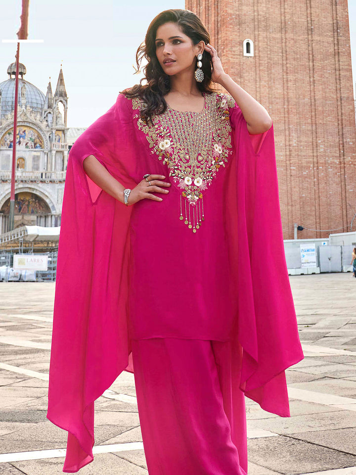 Rani-Pink Crepe Embroidered Long Cut Sleeve Top With Palazoo &amp; Dupatta