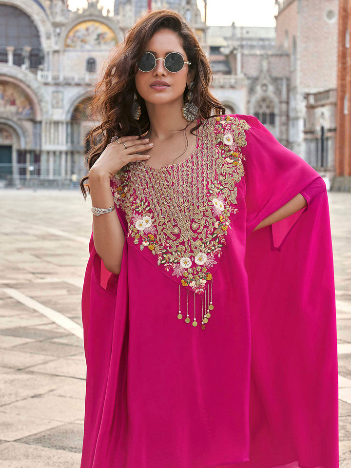 Rani-Pink Crepe Embroidered Long Cut Sleeve Top With Palazoo &amp; Dupatta