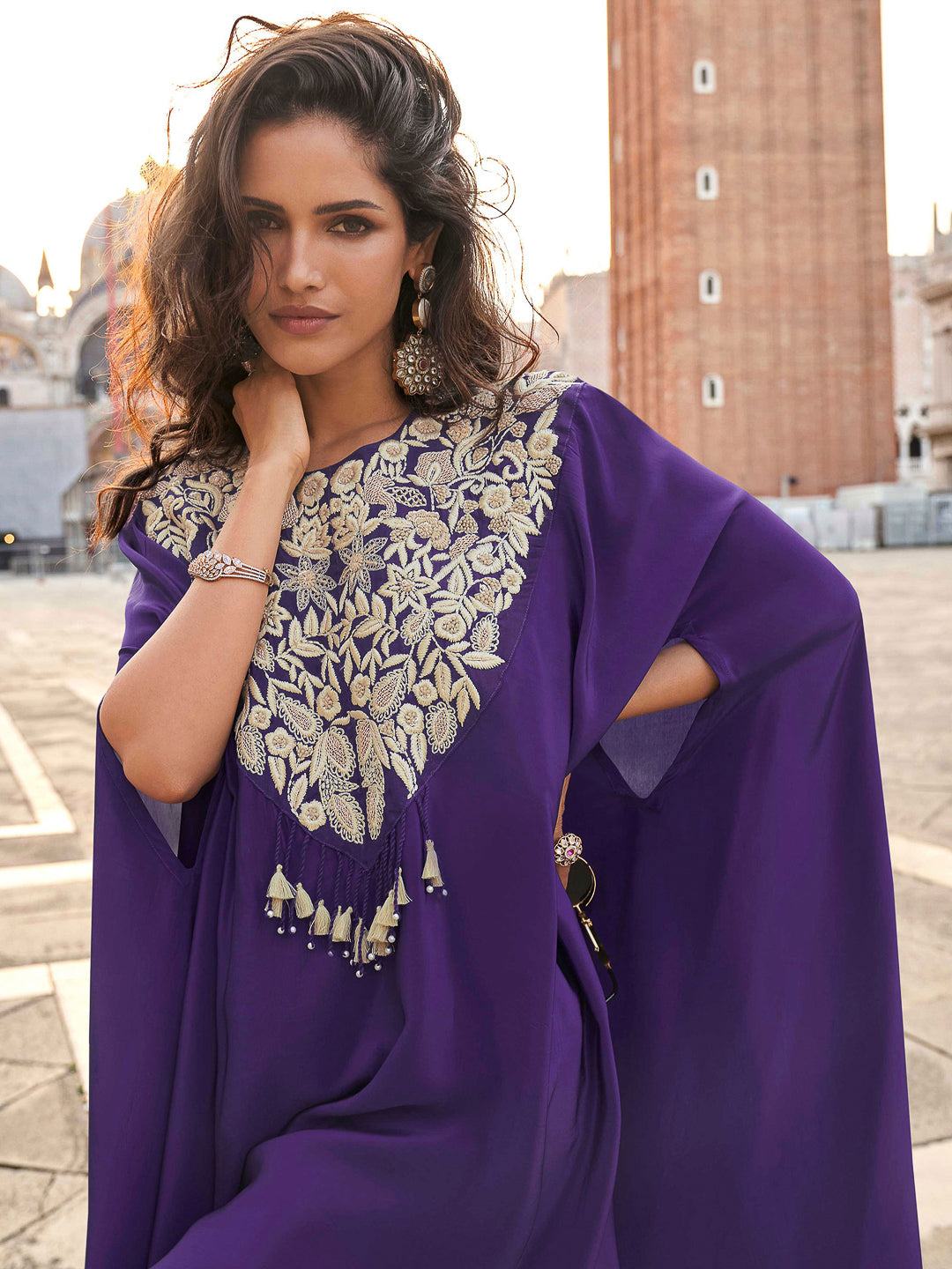 Purple Crepe Embroidered Long Cut Sleeve Top With Palazoo &amp; Dupatta