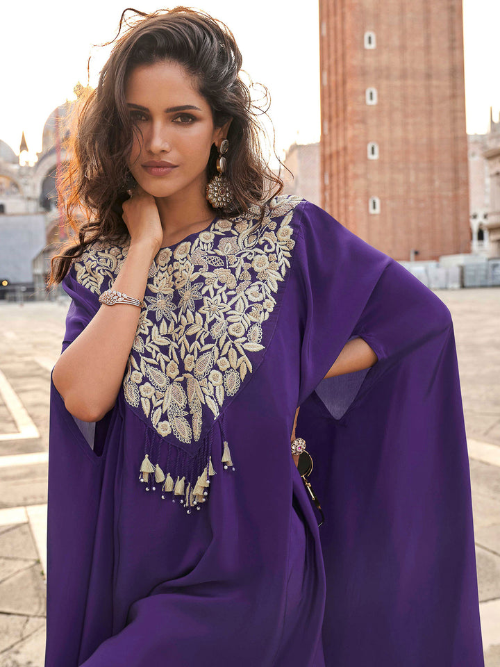 Purple Crepe Embroidered Long Cut Sleeve Top With Palazoo &amp; Dupatta