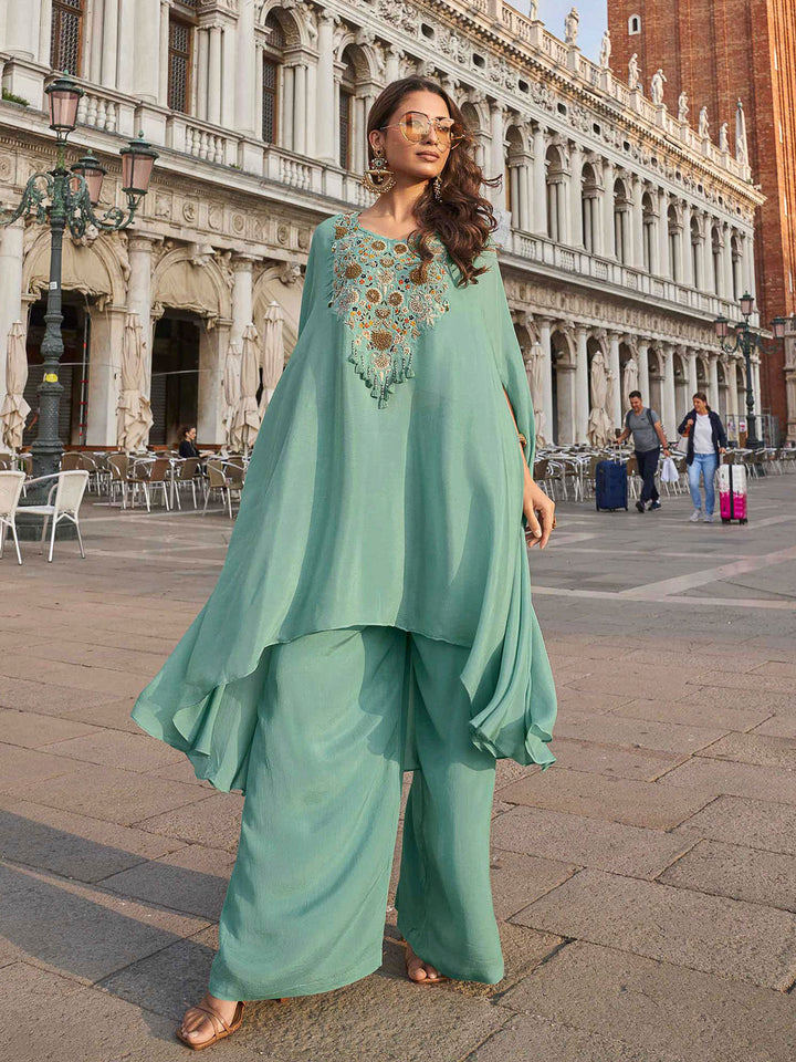 Sea Green Crepe Embroidered Long Cut Sleeve Top With Palazoo &amp; Dupatta