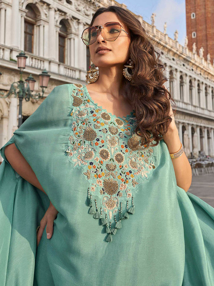 Sea Green Crepe Embroidered Long Cut Sleeve Top With Palazoo &amp; Dupatta