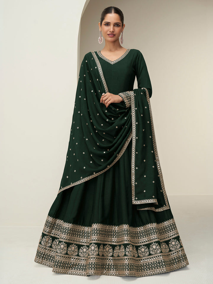 Green Art Silk Embroidered Long Anarkali Gown With Dupatta