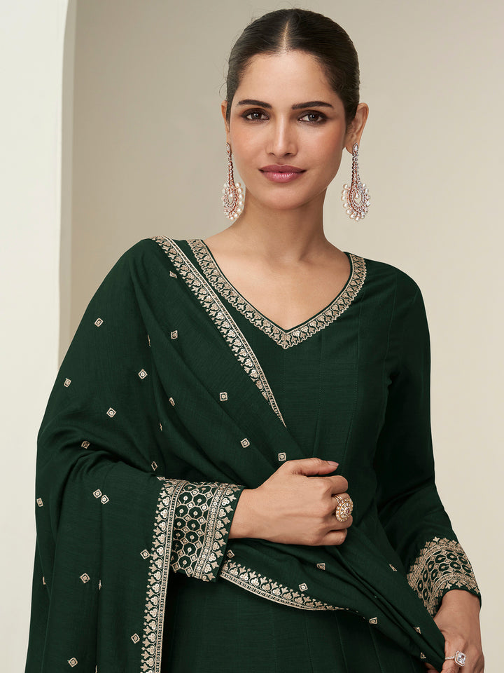 Green Art Silk Embroidered Long Anarkali Gown With Dupatta