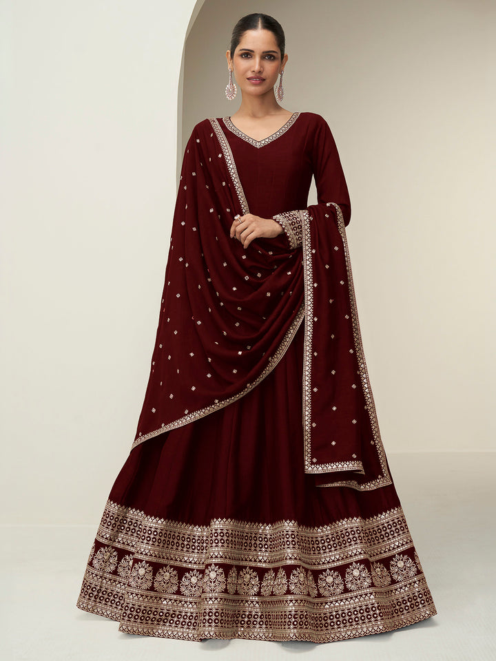 Burgundy Art Silk Embroidered Long Anarkali Gown With Dupatta