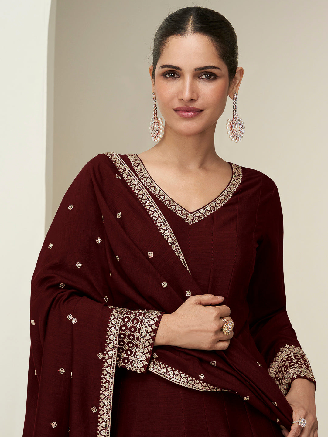 Burgundy Art Silk Embroidered Long Anarkali Gown With Dupatta